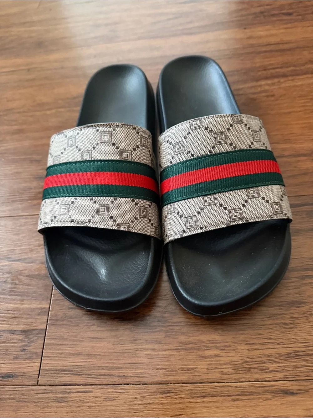 Beige Monogram Slide Sandals with Red and Green Stripe